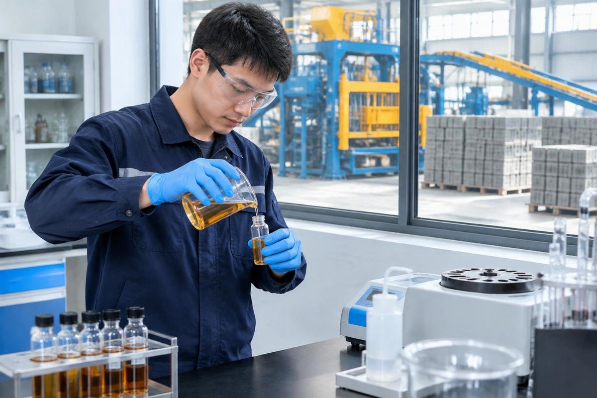 Technician taking hydraulic oil sample for quality testing in laboratory setting