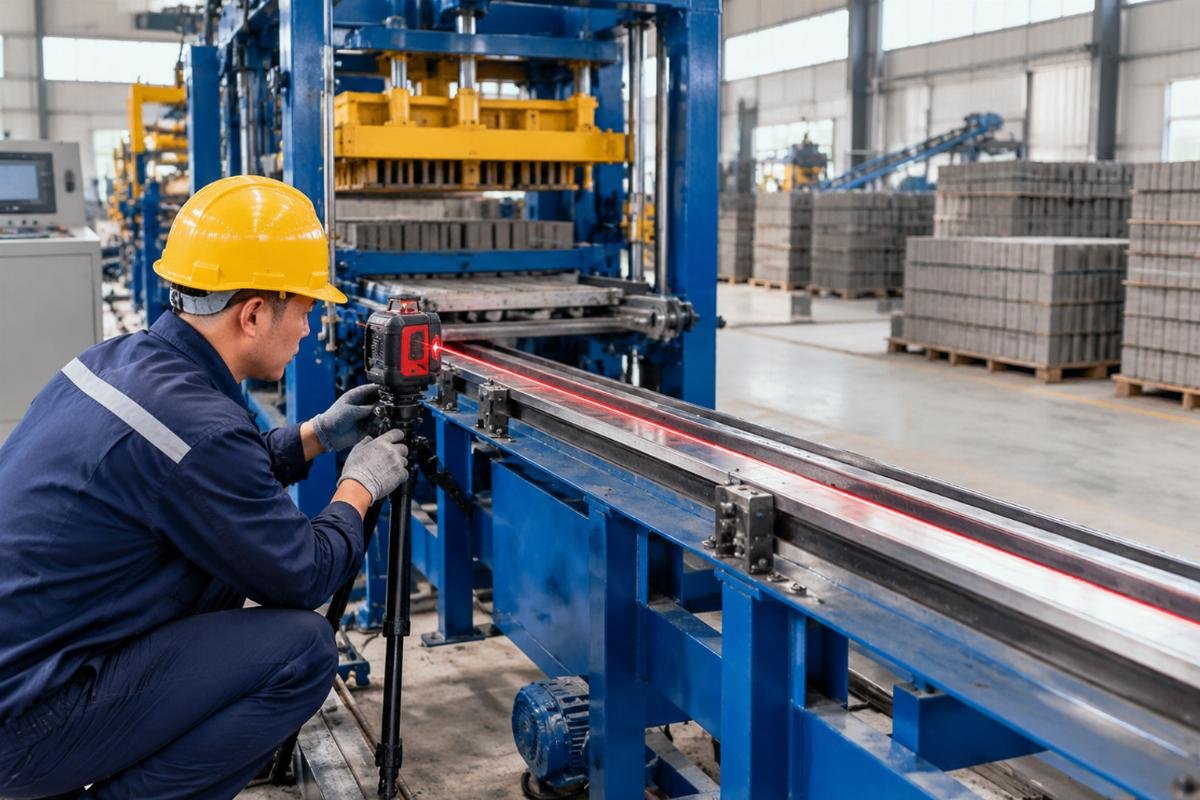 Technician using a laser level to calibrate the main guide rails of a block cuber