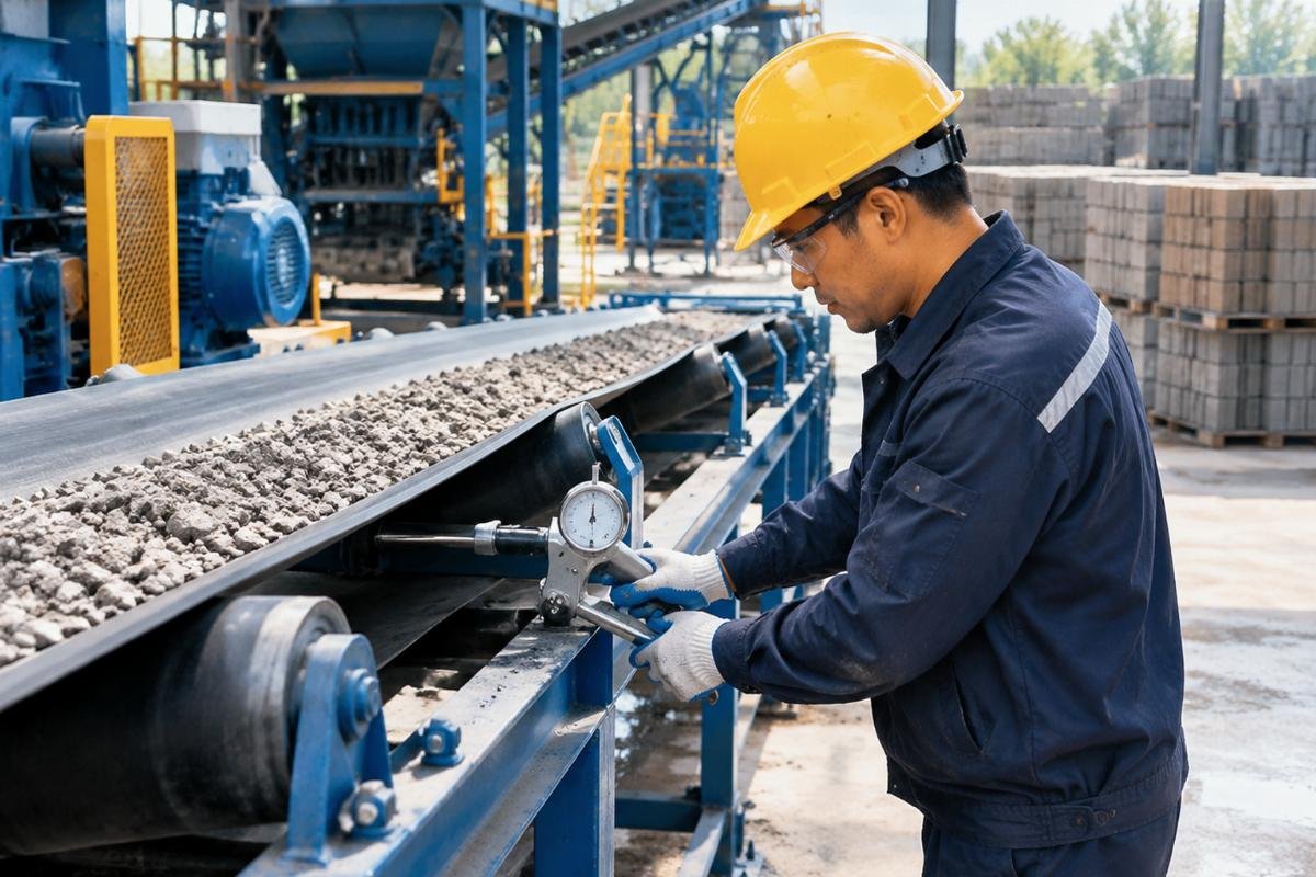 Technician using a tension gauge to measure belt tension on an aggregate conveyor
