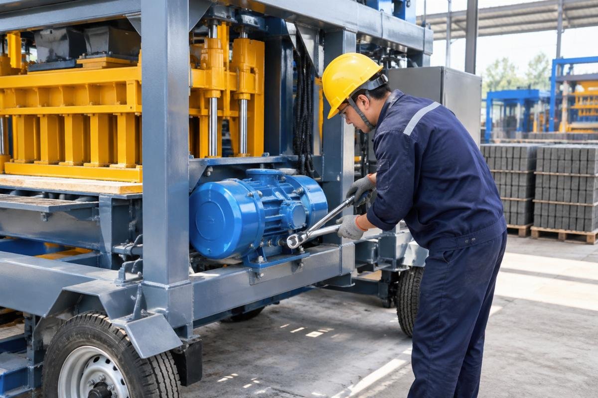 Technician using a torque wrench to check vibration motor bolts on a QMY mobile block machine