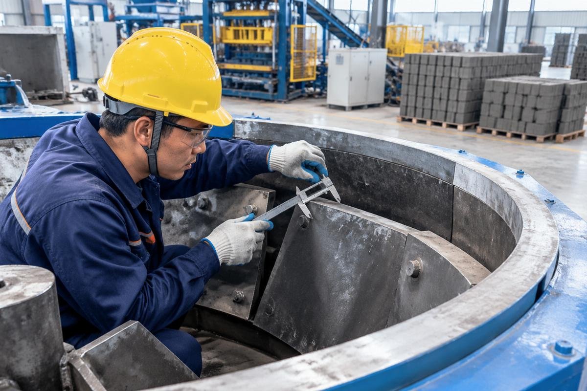 Technician using calipers to measure the thickness of mixer liners in a block production line