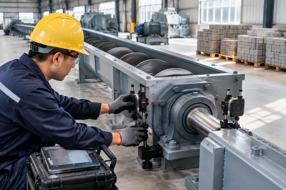 Technician using laser alignment tools to check shaft concentricity on a cement screw conveyor