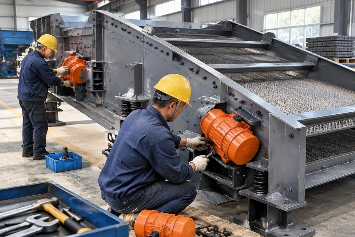 Technicians carefully removing vibration motors from a sand screening machine frame during the dismantling process