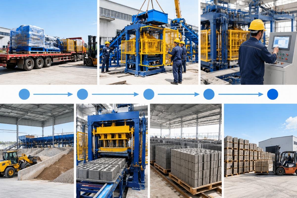 Timeline infographic showing phases from delivery to full production for a turnkey plant