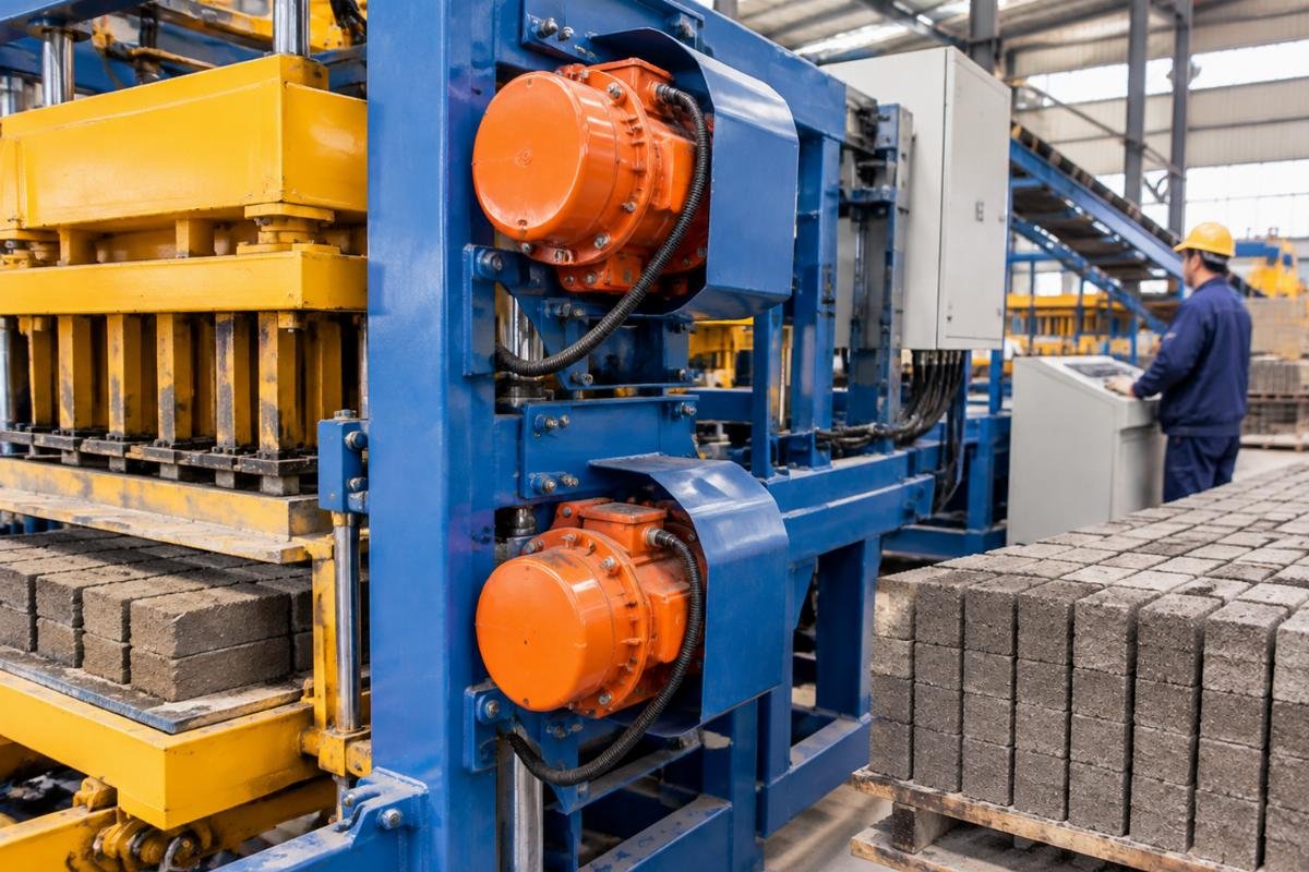 Vibration motors mounted on the side of a block machine frame with protective covers