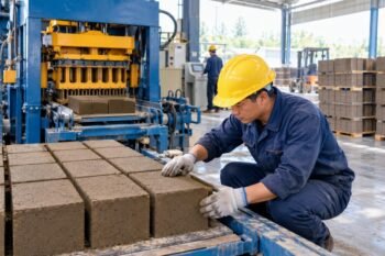 Worker inspecting freshly molded earth blocks for cracks and surface defects